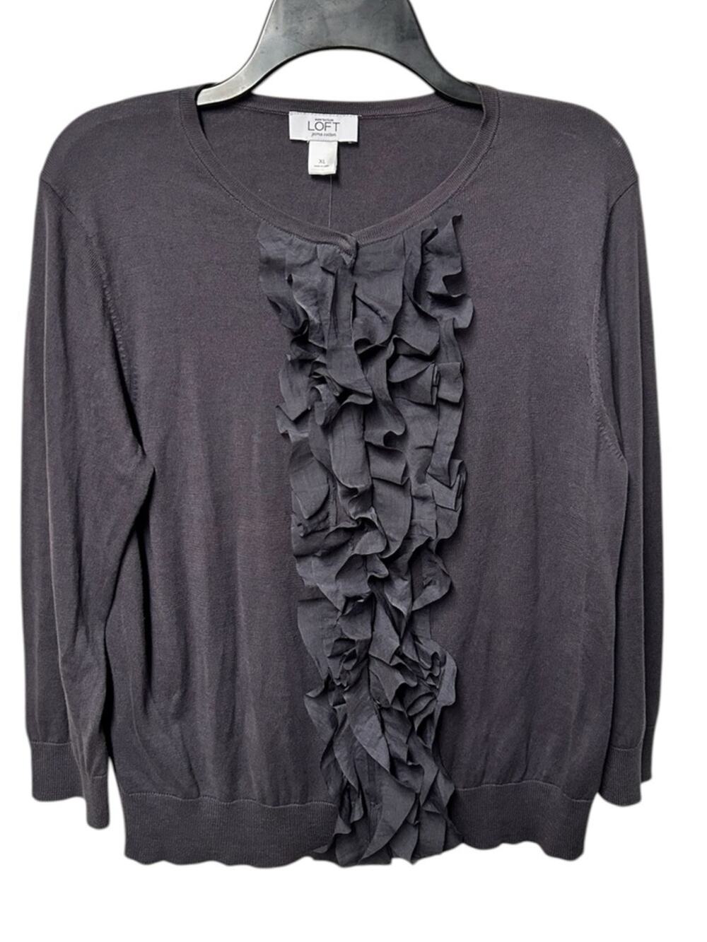 LOFT Pima Cotton Ruffle Front Sweater XL Charcoal Gray Lightweight Cardigan NWT